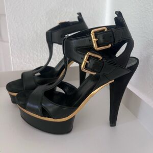 GUCCI Iman Black & Gold High Heel Sandals